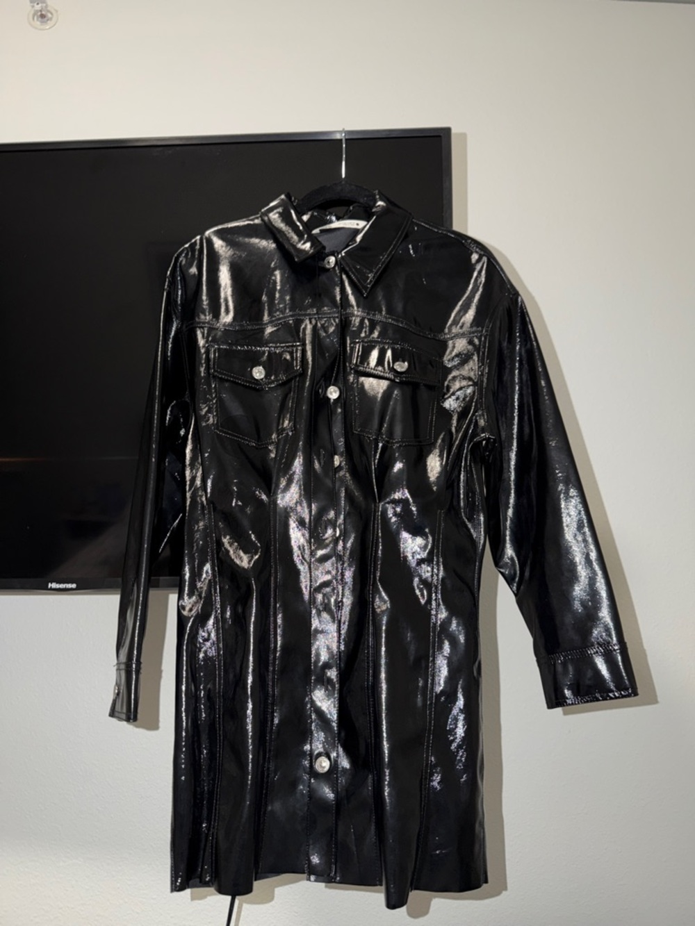 Zara Black Patent Faux-Leather Longline Shirt Jacket